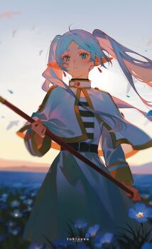 1girl artist_name blue_flower capelet closed_mouth cowboy_shot dress earrings elf field flower flower_field frieren green_eyes highres holding holding_staff jewelry pointy_ears solo sousou_no_frieren staff tokitokiee twintails white_capelet white_dress white_hair