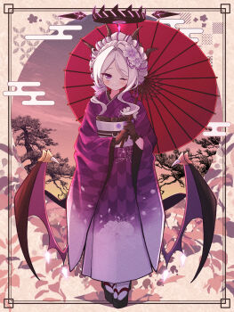 2026 absurdres black_gloves black_halo blue_archive breasts commentary_request demon_girl demon_horns demon_wings full_body geta gloves halo highres hina_(blue_archive) horns japanese_clothes kimono long_hair looking_at_viewer low_wings new_year official_alternate_costume official_alternate_hairstyle one_eye_closed purple_eyes small_breasts standing white_hair wings yortha