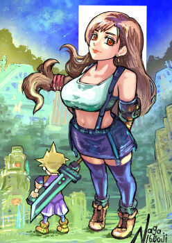 1boy 1girl arms_behind_back artist_name bare_shoulders black_skirt black_thighhighs blonde_hair boots breasts brown_boots brown_hair buster_sword closed_mouth cloud_strife crop_top earrings elbow_gloves facing_away facing_viewer final_fantasy final_fantasy_vii final_fantasy_vii_remake full_body gloves hair_tie highres jewelry long_hair looking_at_viewer low-tied_long_hair materia medium_breasts midriff miniskirt naga160oji night night_sky pants purple_pants purple_shirt red_eyes shirt shooting_star skirt sky sleeveless sleeveless_turtleneck spiked_hair suspenders sword sword_on_back thighhighs tifa_lockhart turtleneck weapon weapon_on_back white_shirt