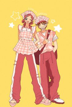 Rule 34 | 1boy, 1girl, bag, bandana, baseball cap, blush, brown eyes, brown hair, commentary request, copyright name, dr1212345, flower, full body, grin, hair flower, hair ornament, hair rings, hairclip, hand in pocket, hat, height difference, highres, koizumi risa, korean commentary, long hair, lovely complex, one eye closed, ootani atsushi, open mouth, pants, pink bandana, pink hair, pink pants, pink sandals, plaid clothes, plaid shirt, plaid sweater vest, sandals, shirt, shoes, short hair, short sleeves, shoulder bag, smile, sneakers, sweater vest, white shirt, white shoes, yellow background