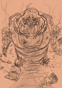 ! 1girl ahoge armor arms_(game) battle_damage broken_eyewear commentary damaged defeat from_above full_body goggles highres looking_at_viewer looking_up mechanica_(arms) mechanical_arms mimasato monochrome open_mouth peril pov power_armor scared simple_background sketch smoke solo tearing_up teeth