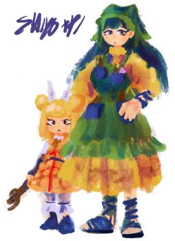 2girls :< apron armor armored_dress blonde_hair blue_hair blunt_bangs brown_eyes closed_mouth double_bun dress full_body green_apron green_headscarf hair_bun hair_ribbon haniyasushin_keiki headscarf highres jewelry joutouguu_mayumi long_hair looking_at_viewer magatama magatama_necklace multiple_girls necklace orange_eyes ribbon sandals shiyo_(u/shiyo) signature simple_background standing tools touhou white_background white_ribbon yellow_dress yellow_sleeves