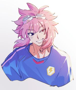 1boy 5555_inir blue_shirt crew_neck cropped_torso goggles goggles_on_head grin highres inazuma_eleven inazuma_eleven_(series) looking_to_the_side male_focus pink_hair shirt sideways_glance simple_background smile soccer_uniform solo sportswear tsunami_jousuke uneven_eyes white_background