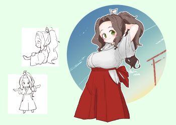 Rule 34 | 1girl, arm behind head, blush, breasts, brown hair, closed mouth, clothing cutout, commentary request, cropped legs, forehead, green background, green eyes, hakama, hakama pants, highres, hip vent, japanese clothes, kimono, large breasts, long hair, looking at viewer, multiple views, olto rondo, original, outline, pants, red hakama, red pants, short sleeves, smile, white kimono, white outline, wide sleeves