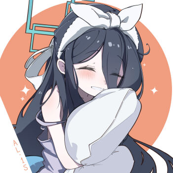 1girl absurdres alternate_costume aris_(blue_archive) black_hair blue_archive blue_halo camisole closed_eyes commentary facing_viewer hair_ribbon halo highres holding holding_pillow hugging_object long_hair orange_background pillow purple_camisole rebornrabbit rectangular_mouth ribbon sleeveless smile solo sparkle strap_slip two-tone_background upper_body white_background white_ribbon