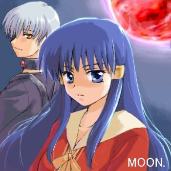 Rule 34 | 1boy, 1girl, amasawa ikumi, black sweater, blue eyes, blue hair, boy (moon), choker, dark-skinned male, dark skin, hair ornament, hairclip, long hair, lowres, misaki juri, moon, moon (game), red moon, school uniform, short hair, smile, solo, sweater, turtleneck, turtleneck sweater, white hair, yellow eyes