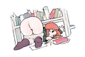 1girl ass bent_over book brown_hair clothes_pull layton_brothers:_mystery_room lucy_baker pants pants_pull professor_layton reaching shelf shirt simx socks