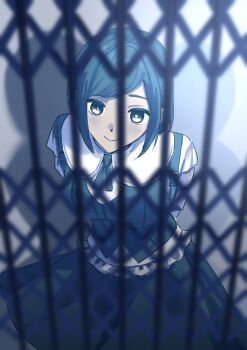 1girl absurdres arms_behind_back blue_eyes blue_hair blue_theme blurry blurry_foreground breasts closed_mouth collared_shirt commentary_request elevator_door frilled_shirt frilled_sleeves frills fukurai_azami hayase_williams highres long_sleeves looking_at_viewer medium_breasts shadow shirt short_hair smile solo standing toshi_densetsu_kaitai_center white_shirt