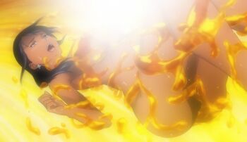 1girl anime_screenshot black_hair blue_eyes blue_nails completely_nude cross cross_earrings dark-skinned_female dark_skin decora_(shokugeki_no_souma) earrings feet_out_of_frame female_focus food_on_body highres honey jewelry looking_at_viewer lying medium_hair nail_polish nude on_back open_mouth shokugeki_no_souma solo stitched teeth third-party_edit upper_teeth_only yellow_background