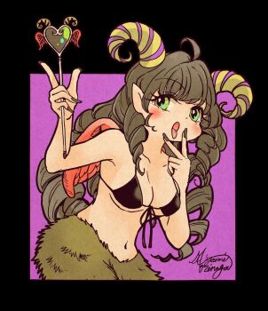 1girl bikini black_bikini black_hair black_nails demon demon_girl demon_horns drill_hair drill_sidelocks glowing glowing_eyes green_eyes heart_wand holding holding_wand horns long_hair monster_girl morinaga_ayami navel open_mouth original pointy_ears red_wings sidelocks swimsuit tongue tongue_out wand wings