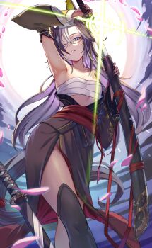 Rule 34 | 1girl, absurdres, alternate costume, animal ears, armpits, bare shoulders, black hair, black thighhighs, blue eyes, breasts, brown hair, chest sarashi, dream journey (umamusume), ear covers, eyewear strap, glasses, hair between eyes, highres, holding, holding sword, holding weapon, horse ears, horse girl, horse tail, iam (tetsu0ekaki), japanese clothes, katana, kimono, long hair, long sleeves, looking at viewer, multicolored hair, parted lips, sarashi, single ear cover, single hair intake, single thighhigh, small breasts, solo, sword, tail, thighhighs, umamusume, weapon, white hair