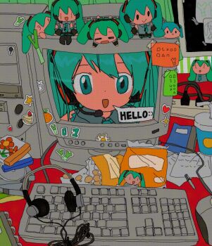 1girl bag_of_chips blue_eyes blue_hair cable character_doll collared_shirt commentary computer computer_keyboard computer_mouse computer_tower crt cup disc disposable_cup doll english_text grey_shirt hatsune_miku headphones headset highres indoors kousou_(vanilla_rkgk) long_hair looking_at_viewer note notebook open_mouth otaku_room pen power_strip shirt sleeveless sleeveless_shirt smile solo speech_bubble sticker table twintails vocaloid