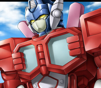 1boy blue_helmet cloud cloudy_sky fire_convoy helmet inaho machine male_focus mecha mecha_focus robot science_fiction sky transformers transformers_car_robots yellow_eyes