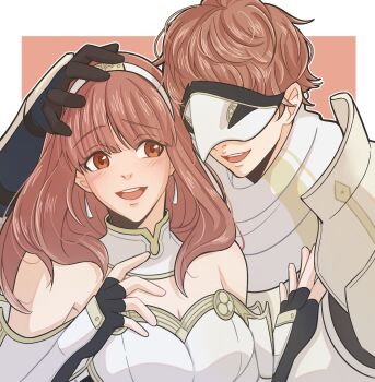1boy 1girl :d black_gloves breasts brother_and_sister celica_(fire_emblem) cleavage conrad_(fire_emblem) earrings fingerless_gloves fire_emblem fire_emblem_echoes:_shadows_of_valentia fumiko_(290976767) gloves hairband highres jewelry long_hair looking_at_another male_focus mask medium_breasts nintendo open_mouth orange_eyes orange_hair red_eyes red_hair short_hair siblings smile teeth upper_body upper_teeth_only