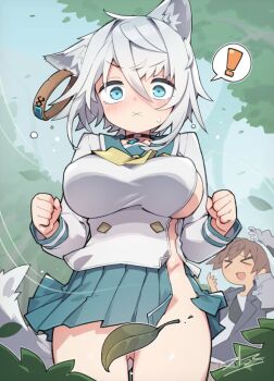 ! >_< 1boy 1girl :d animal_ears blue_eyes blue_sky brown_hair choker commentary_request convenient_censoring cowboy_shot dog_ears dog_girl earrings gauntlets gluteal_fold grey_hair jewelry leaf leaf_censor long_sleeves no_panties open_mouth original signature single_earring sky smile solo_focus spoken_exclamation_mark stroma torn_clothes tree wind wind_lift x_mouth xd