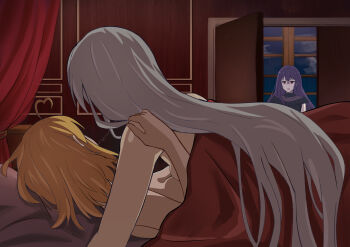 Rule 34 | 3girls, absurdres, ahoge, anisphia wynn palettia, bed, black dress, blonde hair, breast press, canopy bed, caught, commentary, dress, euphyllia magenta, grey hair, heart, heart ahoge, highres, long hair, medium hair, melonpan134, multiple girls, nude, on bed, purple eyes, purple hair, saliva, saliva trail, symmetrical docking, tensei oujo to tensai reijou no mahou kakumei, tilty claret, under covers, walk-in, yuri