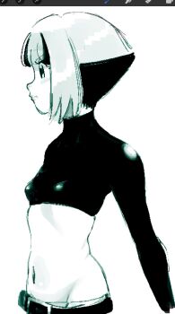 1girl art_program_in_frame belt belt_buckle breasts buckle crop_top from_side gardenia_(pokemon) groin highres hip_bones long_sleeves midriff monochrome multicolored_hair navel nintendo pie_(aipiepo) pokemon pokemon_dppt small_breasts solo two-tone_hair upper_body