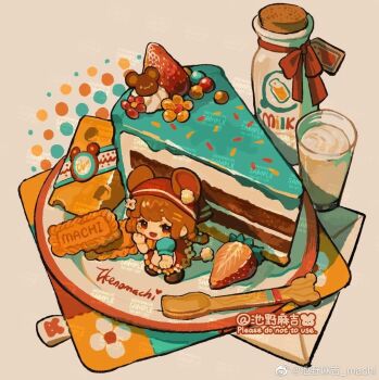 1girl animal_ear_fluff animal_ears apron aqua_bow aqua_sleeves blunt_bangs blush_stickers bottle bow braid brown_eyes brown_hair brown_shoes cake cake_slice candy cheese chibi commission cookie cork cup dress dress_flower dress_shoes drinking_glass ears_through_headwear envelope eyelashes flower food food_focus fruit grey_background hair_bow hair_flower hair_ornament halftone halftone_background hand_on_lap hand_on_own_cheek hand_on_own_face happy headscarf jelly_bean long_dress long_hair looking_at_viewer low_twin_braids machi_nailao_bao military_uniform milk_bottle mini_person minigirl mouse_ears mouse_girl mouse_tail napkin open_mouth original plate puffy_short_sleeves puffy_sleeves red_bow red_dress red_headscarf sample_watermark shadow shoes short_sleeves smile solo spoon sprinkles standing strawberry strawberry_slice tail twin_braids watermark watermark_grid weibo_watermark white_apron white_flower yellow_flower