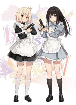 2girls alternate_costume black_hair black_shoes black_socks blonde_hair enmaided floral_background gun handgun highres holding holding_gun holding_weapon inoue_takina loafers long_hair looking_at_viewer lycoris_recoil maid multiple_girls nishikigi_chisato nyoro_(nyoronyoro000) purple_eyes red_eyes shoes short_hair smile socks standing weapon white_socks