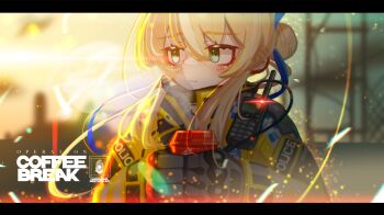 Rule 34 | 1girl, absurdres, blonde hair, blurry, blurry background, closed mouth, commentary request, cup, depth of field, disposable coffee cup, disposable cup, gloves, green eyes, grey gloves, hair between eyes, hair bun, highres, holding, holding cup, iwasawayuki, jacket, letterboxed, long hair, looking to the side, multicolored hair, original, police, solo, streaked hair, upper body, walkie-talkie, white hair, yellow jacket