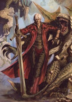 Rule 34 | 1boy, belt, belt buckle, black chaps, black gloves, boots, buckle, chaps, coat, commentary, cowboy boots, crossed ankles, dante (devil may cry), devil may cry, devil may cry (series), devil may cry 4, gloves, highres, leaning, max58art, monster, multiple belts, open clothes, open coat, pants, partially fingerless gloves, planted, planted sword, planted weapon, red coat, red pants, short hair, standing, sword, weapon, white hair