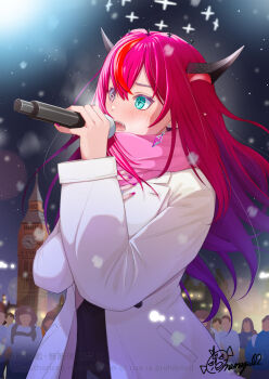 1girl black_horns blue_eyes coat cross-shaped_pupils crowd halo heterochromia highres holding holding_microphone hololive hololive_english horns irys_(hololive) microphone namazu02_tky pink_scarf purple_eyes purple_hair red_hair scarf signature solo_focus symbol-shaped_pupils virtual_youtuber white_coat