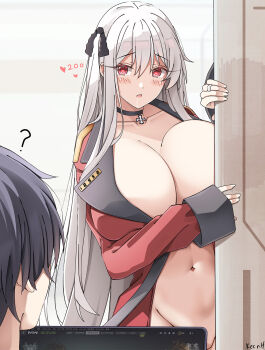 1boy 1girl ? black_choker blue_jacket blush breasts call_of_duty call_of_duty:_modern_warfare_2 choker cleavage collarbone commander_(girls'_frontline) computer convenient_censoring girls'_frontline hair_between_eyes hair_ribbon heart heart-shaped_pupils highres huge_breasts jacket kar98k_(girls'_frontline) keenh long_hair looking_at_another monitor navel open_clothes open_jacket open_mouth partially_undressed red_eyes ribbon saliva stomach symbol-shaped_pupils white_background white_hair