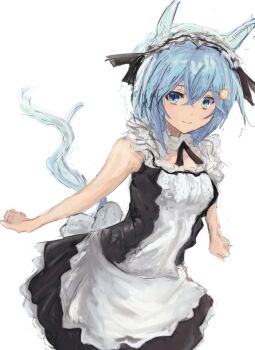 1girl animal_ears apron black_dress blue_eyes blue_hair breasts closed_mouth commentary_request dress flower grey_hair hair_between_eyes hair_flower hair_ornament hairclip horse_ears horse_girl horse_tail looking_at_viewer seiun_sky_(umamusume) short_hair simple_background sleeveless sleeveless_dress small_breasts smile solo sunflower sunflower_hair_ornament tail umamusume waist_apron white_apron white_background white_dress white_headdress yanagi_wakana