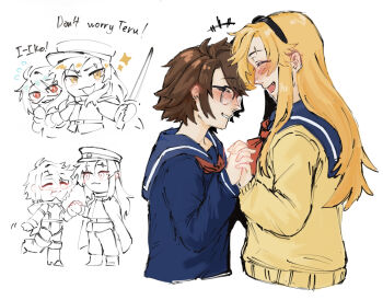 Rule 34 | 2girls, :d, black hairband, black sailor collar, black serafuku, blonde hair, blush, brown hair, commentary, cropped torso, facing another, fang, gmeg011, hairband, highres, holding hands, koishikawa iko, long hair, long sleeves, momijiyama teru, multiple girls, neckerchief, open mouth, orange eyes, red neckerchief, sailor collar, school uniform, serafuku, short hair, shy (character), shy (series), smile, symbol-only commentary, white background, yuri