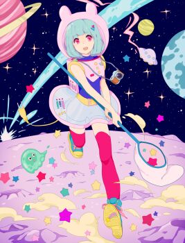 1girl :d animal_hood aqua_hair bad_id bad_pixiv_id belt blob blunt_bangs bob_cut camera crater creature electric_plug female_focus full_body hair_ornament hairclip hand_net high_tops highres hood kise_(swimmt) looking_at_viewer net open_mouth original pink_eyes pink_thighhighs planet rabbit_hood running science_fiction see-through_clothes shoes short_hair sleeveless smile sneakers solo space sparkle standing star_(sky) star_(symbol) thighhighs ufo