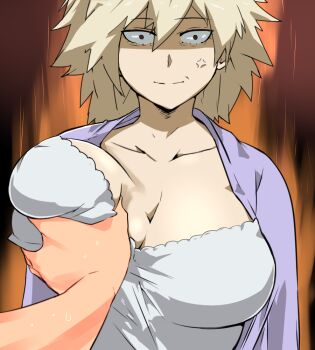 1boy 1girl anger_vein bakugou_mitsuki boku_no_hero_academia breasts cafekun false_smile grabbing_another&#039;s_breast groping imminent_death large_breasts shaded_face smile tagme