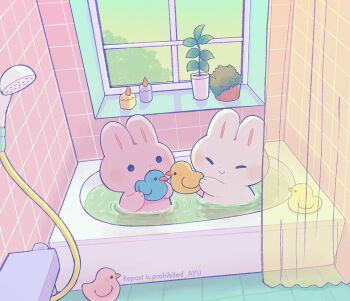 Rule 34 | animal, animal focus, artist name, ayu (mog), bathing, bathtub, candle, closed eyes, closed mouth, commentary, curtains, english commentary, holding, holding rubber duck, indoors, mixed-language commentary, no humans, original, plant, potted plant, rabbit, romaji commentary, rubber duck, shower head, smile, solid circle eyes, tile floor, tile wall, tiles, water, watermark, window
