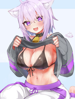 Rule 34 | 1girl, ahoge, animal ears, animal print, bell, belt, belt collar, bikini, black belt, black bikini, black choker, black collar, black hoodie, blue background, blush, breasts, cat ears, cat girl, choker, cleavage, clothes lift, collar, cowbell, fang, festa11307070, front-tie bikini top, front-tie top, hairband, hololive, hood, hoodie, hoodie lift, horns, large breasts, lifting own clothes, long sleeves, looking at viewer, medium hair, navel, neck bell, nekomata okayu, nekomata okayu (1st costume), open mouth, pants, print bikini, purple eyes, purple hair, purple pants, signature, sleeves past wrists, smile, solo, stomach, sweat, swimsuit, two-tone pants, virtual youtuber, white hairband, white pants