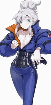 1girl absurdres black_corset blue_eyes blue_jacket blue_pants closed_mouth colored_eyelashes commentary_request corset deux_murasame echanis_enicha flat_chest freckles grey_hair gundam gundam_gquuuuuux high_ponytail highres jacket looking_at_viewer medium_hair pants ponytail sidelocks simple_background solo white_background