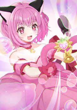 1girl animal_ears bare_shoulders blush breasts cat_ears cat_girl cat_tail choker cleavage detached_sleeves dress frilled_choker frills gloves highres kowano medium_breasts mew_ichigo momomiya_ichigo open_mouth pink_eyes pink_hair red_gloves short_hair short_sleeves smile solo strapless strapless_dress strawbell_bell tail tokyo_mew_mew