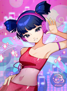 1girl armlet blue_hair blunt_bangs commentary fairy hand_on_own_hip headphones highres jewelry klaeia looking_at_viewer midriff musa_(winx_club) musical_note navel purple_eyes shirt single-shoulder_shirt skirt smile solo sparkle twintails watermark wings winx_club