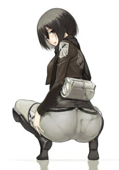 1girl ass black_eyes black_hair boots cropped_jacket emblem full_body highres jacket knee_boots looking_back mikasa_ackerman military military_uniform namaniku_atk open_clothes open_jacket open_mouth pantylines paradis_military_uniform shingeki_no_kyojin short_hair simple_background solo source_request squatting strap training_corps_(emblem) white_background