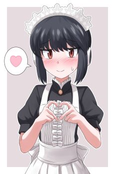 1girl adelie_penguin_(kemono_friends) alternate_costume apron back_bow black_dress black_hair blush bow brown_eyes center_frills collar cowboy_shot dress enmaided frilled_collar frills hair_between_eyes headphones heart heart_hands highres kemono_friends kemono_friends_3 maid maid_headdress penguin_girl puffy_short_sleeves puffy_sleeves short_hair short_sleeves sidelocks solo spoken_heart sweatdrop touki_ag white_apron