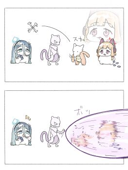 2girls animal_ear_headphones animal_ears aris_(blue_archive) blonde_hair blue_archive blue_eyes bone card cat_ear_headphones cat_ears chibi closed_mouth fake_animal_ears gen_1_pokemon hair_between_eyes hair_ornament halo headphones highres laser legendary_pokemon long_hair marowak medium_hair mewtwo momoi_(blue_archive) multiple_girls nintendo pokemon pokemon_(creature) sakano_akr standing tail throwing very_long_hair white_background