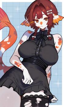 1girl :3 animal_nose artist_name bare_shoulders black_dress braid breasts brown_eyes brown_hair colored_skin commentary covered_erect_nipples dress fins fish_girl fish_skeleton_hair_ornament fish_tail furry furry_female hair_intakes hair_ornament head_fins highres lace lace-trimmed_thighhighs lace_trim large_breasts looking_at_viewer original scales short_dress short_hair simple_background single_thighhigh sleeveless sleeveless_dress smile solo tail thick_thighs thighhighs thighs torn_clothes torn_thighhighs twin_braids untranslatable_commentary valleedolla white_skin
