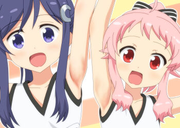 Rule 34 | 10s, 2girls, ahoge, anima yell!, arima hizume, armpits, arms up, blue eyes, blue hair, bow, cheerleader, collarbone, hair bow, hair ornament, hatoya kohane, highres, long hair, multiple girls, ogyadya, open mouth, pink hair, ponytail, red eyes, sidelocks, sleeveless, smile