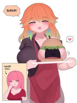 2girls alternate_costume blush breasts commentary couple earrings english_commentary feather_earrings feathers female_pervert highres hololive hololive_english jewelry large_breasts long_hair mori_calliope multicolored_hair multiple_girls open_mouth pervert pink_hair purple_eyes simple_background takanashi_kiara viqur virtual_youtuber white_background wife_and_wife yuri