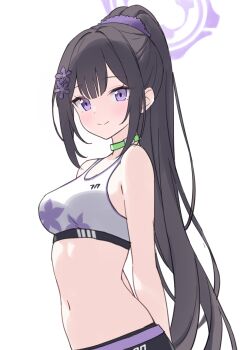Rule 34 | 1girl, arms behind back, bare shoulders, black hair, black pants, blue archive, blush, breasts, chinese commentary, choker, closed mouth, commentary request, double-parted bangs, floral print, flower, green choker, hair flower, hair ornament, hair scrunchie, halo, high ponytail, highres, jyt, long hair, looking at viewer, making-of available, medium breasts, navel, pants, partial commentary, ponytail, print sports bra, purple eyes, purple flower, purple halo, purple scrunchie, scrunchie, sidelocks, simple background, smile, solo, sports bra, stomach, sumire (blue archive), upper body, very long hair, white background, white sports bra, yoga pants