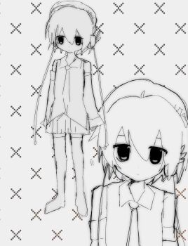 1girl 2000s_(style) closed_mouth collared_shirt detached_sleeves expressionless grey_background headphones highres necktie shirt simple_background sketch skirt solo thighhighs utane_uta utau uuuuua07