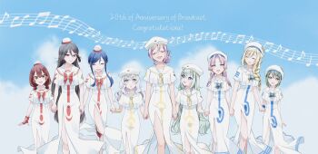 6+girls aika_granzchesta aino_ai akira_ferrari alice_carroll alicia_florence anya_dostoyevskaya aogirism aqua_hair aria_(manga) aria_company_uniform athena_glory azusa_mclaren beret black_hair blonde_hair blue_bow blue_bowtie blue_hair blue_sky blush bow bowtie braid braided_ponytail brown_hair closed_eyes collarbone commentary_request day dress english_text eyelashes feet_out_of_frame fingerless_gloves foot_out_of_frame gloves gold_trim green_hair grey_hair hair_between_eyes hair_tubes hat highres himeya_company_uniform holding_hands impossible_clothes impossible_dress legs long_dress long_hair looking_at_another looking_at_viewer mizunashi_akari multiple_girls musical_note necktie open_mouth orange_planet_uniform outdoors parted_bangs pink_hair purple_hair red_bow red_bowtie red_shoes sailor_collar shoes short_hair_with_long_locks short_sleeves side_slit sidelocks single_glove sky smile standing standing_on_one_leg swept_bangs very_long_hair white_dress white_hat yellow_necktie