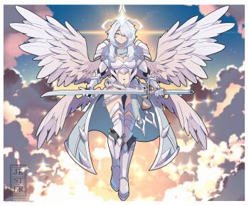 1girl angel angel_wings armor armored_boots boots breastplate breasts cleavage cloud feathered_wings floating fluffy_hair flying full_body gauntlets grey_eyes grey_hair hair_over_one_eye halo highres holding holding_sword holding_weapon jesternalagon long_hair looking_at_viewer medium_breasts multiple_wings navel one_eye_covered original pauldrons shoulder_armor sky smile solo sword weapon white_hair wings
