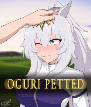 1girl absurdres ahoge animal_ears blue_eyes bow commentary ear_ornament ear_ribbon english_commentary grey_hair hair_between_eyes hand_on_another's_head headpat highres horse_ears horse_girl jacket julian_belkan kasamatsu_tracen_training_uniform long_hair long_sleeves looking_at_viewer multicolored_hair oguri_cap_(umamusume) one_eye_closed smile tail umamusume umamusume:_cinderella_gray