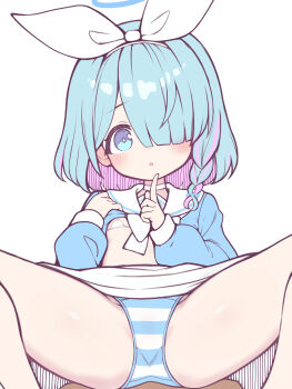 1girl absurdres arona_(blue_archive) blue_archive blue_eyes blue_hair blue_halo blue_panties blue_shirt blush bow_hairband bra braid breasts choker clothes_lift colored_inner_hair commentary_request finger_to_mouth hair_over_one_eye hairband halo highres lifting_own_clothes loli long_sleeves looking_at_viewer medium_hair micro_bra miniskirt multicolored_hair open_mouth panties pink_hair puffy_long_sleeves puffy_sleeves sailor_collar sasakura_momiji shirt shirt_lift simple_background skirt small_breasts solo spread_legs streaked_hair string_bra striped_clothes striped_panties two-tone_hair underwear variant_set white_background white_bra white_choker white_hairband white_sailor_collar white_skirt