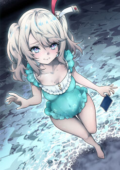 1girl absurdres alfredo_oriani_(azur_lane) alternate_costume azur_lane blue_eyes breasts brown_hair collarbone commission covered_navel frilled_one-piece_swimsuit frills full_body green_one-piece_swimsuit highres holding holding_photo lone_exiler nervous one-piece_swimsuit photo_(object) pixiv_commission raised_inner_eyebrows sky small_breasts solo standing standing_on_one_leg star_(sky) starry_sky swept_bangs swimsuit symbol-shaped_pupils twintails water