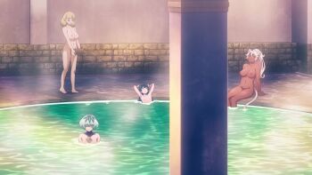 4girls amber_idonokan animal_ears animated anime_screenshot armpits bath bathroom blonde_hair blue_hair bouncing_breasts breasts cat_ears closed_eyes collarbone completely_nude dark-skinned_female dark_skin dragon_horns elf flat_chest granat_needakitta green_eyes grey_hair highres horns jewelry kekkon_yubiwa_monogatari large_breasts long_hair medium_breasts multiple_girls nephrites_lomka nipples nude pointy_ears same-sex_bathing saphir_maasa shared_bathing sidelocks sound tagme thighs video water white_hair yellow_eyes